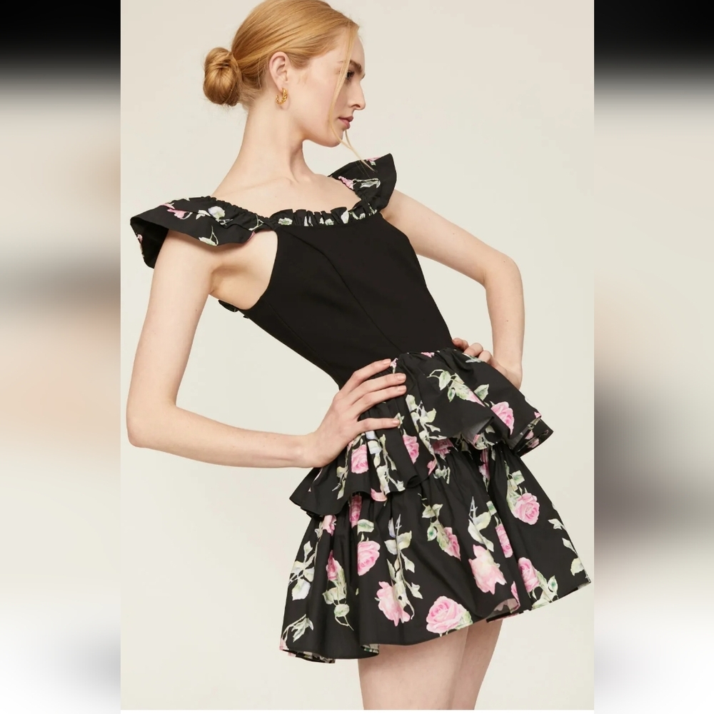LoveShackFancy Sanam Black Mini Dress with‎ Floral Ruffles Size 6